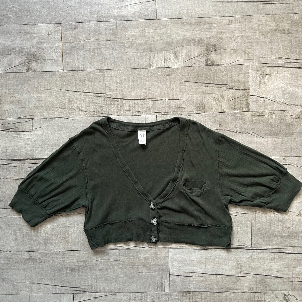 WE THE FREE Free People Olive Green Ribbed Jersey Cropped Oversized Cardigan S